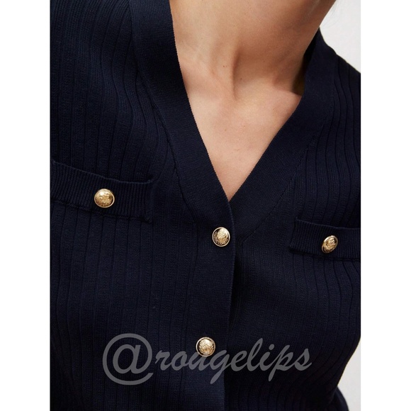 Navy Blue V-neck Knit Short Sleeve Cardigan Shirt Button Up - Picture 4 of 8